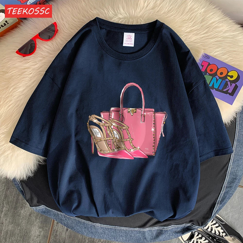 Fashionable Bags And Pink High Heels Print Men Tees Graphic Art T-Shirts High-Quality Cotton Tee Shirt Cotton Loose Clothing