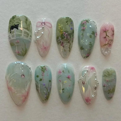 24Pcs Pink Almond French Press on Nails With 3D Bow ripple charms Design Fake Nails Ballerina False Nails Full Cover Nail Tips