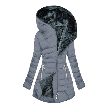 Women Parkas Hooded Solid Zipper Splice Midi Coats Long Sleeve Pockets Slim Fit Thick coats