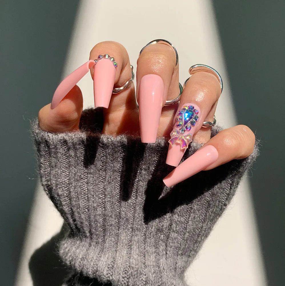 24Ps Super Long Ballet Wearable Fake Nails Blue Diamond Small Flower Press on Nail Stickers Finished Removable False Nail Pieces
