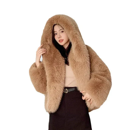 Fur Imitation Fox Hair Hooded Jacket Women's Korean Premium Furry Warm Jacket Women