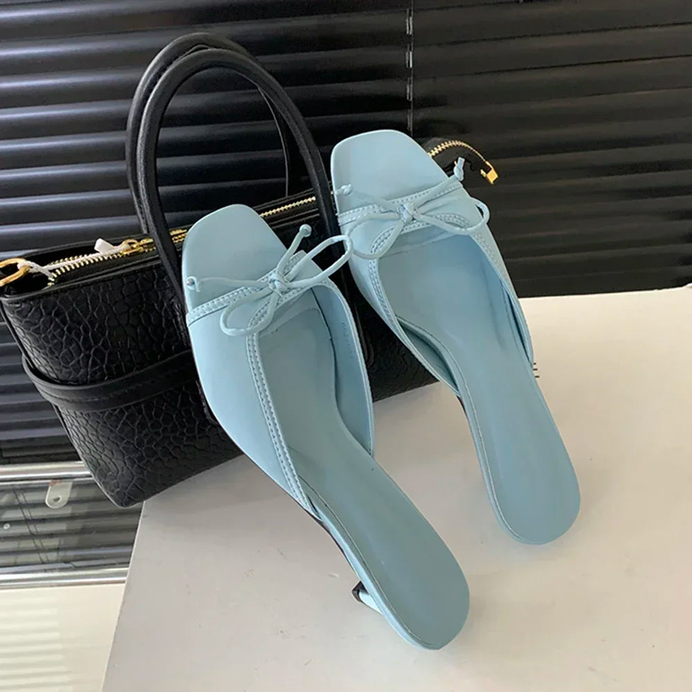 Aneikeh 2025 New Comfortable Low Heel Square Head Sandals Sweet Bow Silk Thick Heels