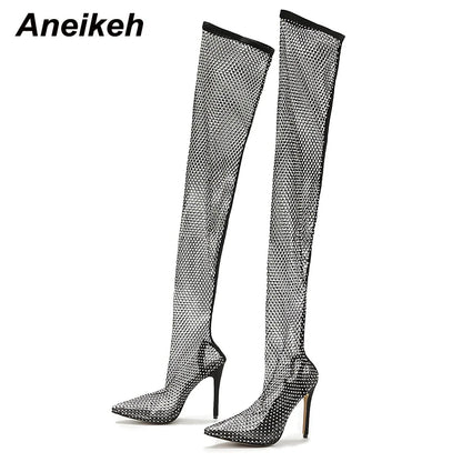 Aneikeh Sexy Bling Rhinestone Mesh Shoes Over The Knee Boots Women Pointed Toe Sandals Nightclub High Heels Botas Femininas