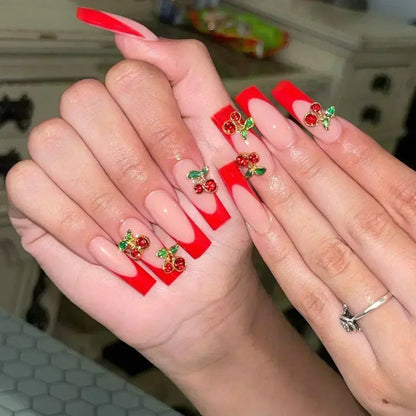 24Pcs Long Ballerina False Nails Press on Nails Serpentine Flower with Rhinestones French Fake Nails Wearable White Nail Tips