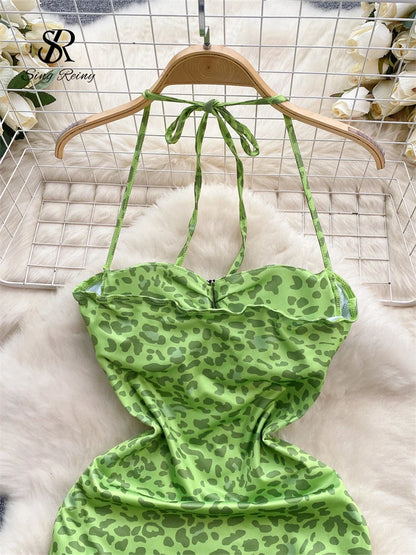 SINGREINY Leopard Irregular Halter Sundress Sleeveless Backless Slim Fit Bodycon Dress