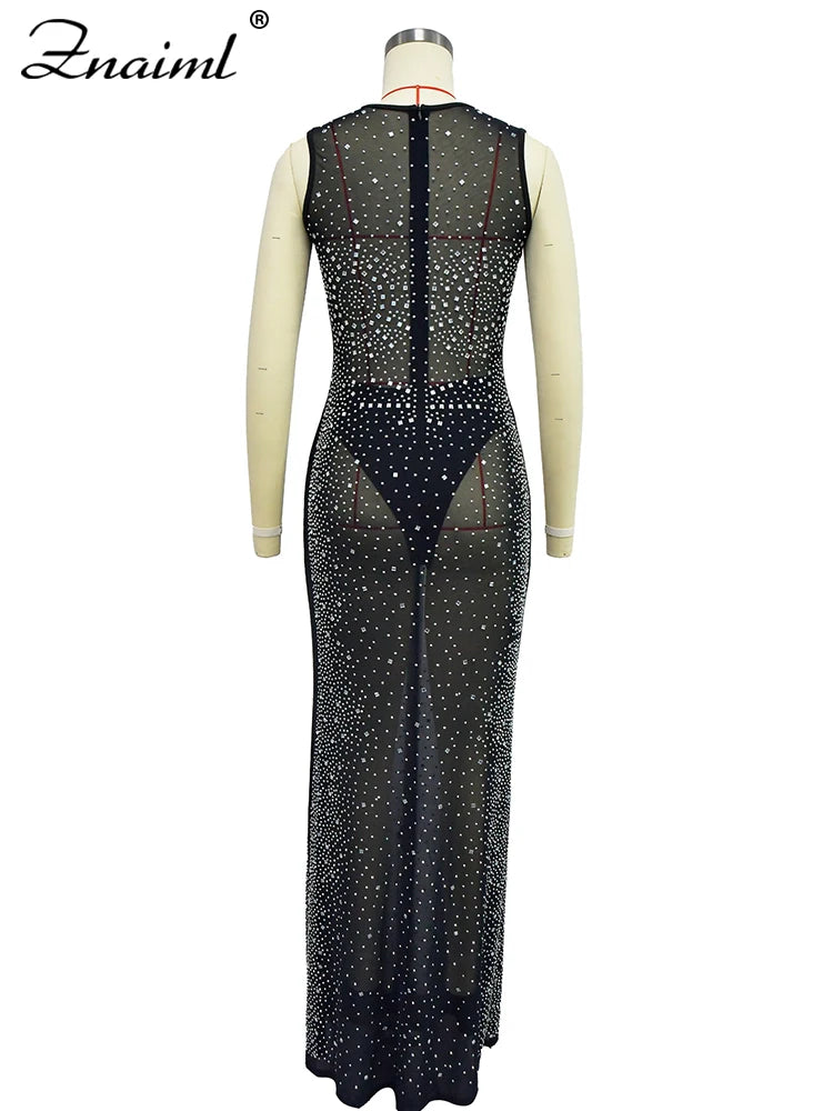 Luxury Sparkly Crystal Rhinestone Christmas Evening Bodycon Long Dress Women's Mesh See Through Birthday Night Vestidos