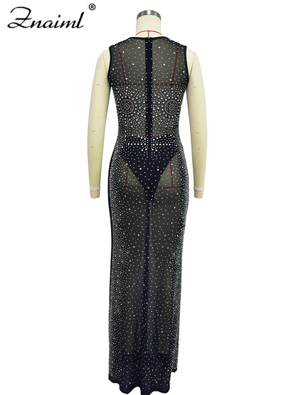 Luxury Sparkly Crystal Rhinestone Christmas Evening Bodycon Long Dress Women's Mesh See Through Birthday Night Vestidos