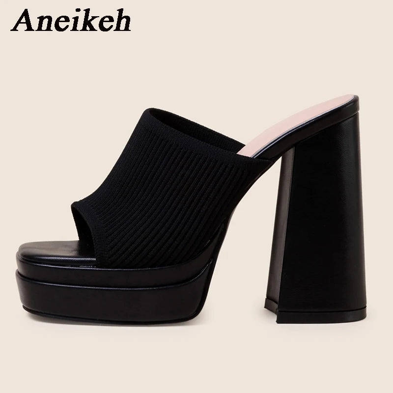 Aneikeh Sexy Knitted Woolen Chunky Platform Sandal Heels Women's Peep Toe High Heel