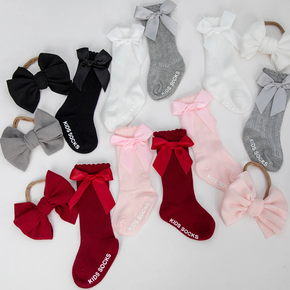 3Pcs/Set Baby Cotton Knee Socks Silk Stain Hair Bow Headbands Non-slip 0-12M Long Leggings Stockings Nylon Hairbands Infant Sock