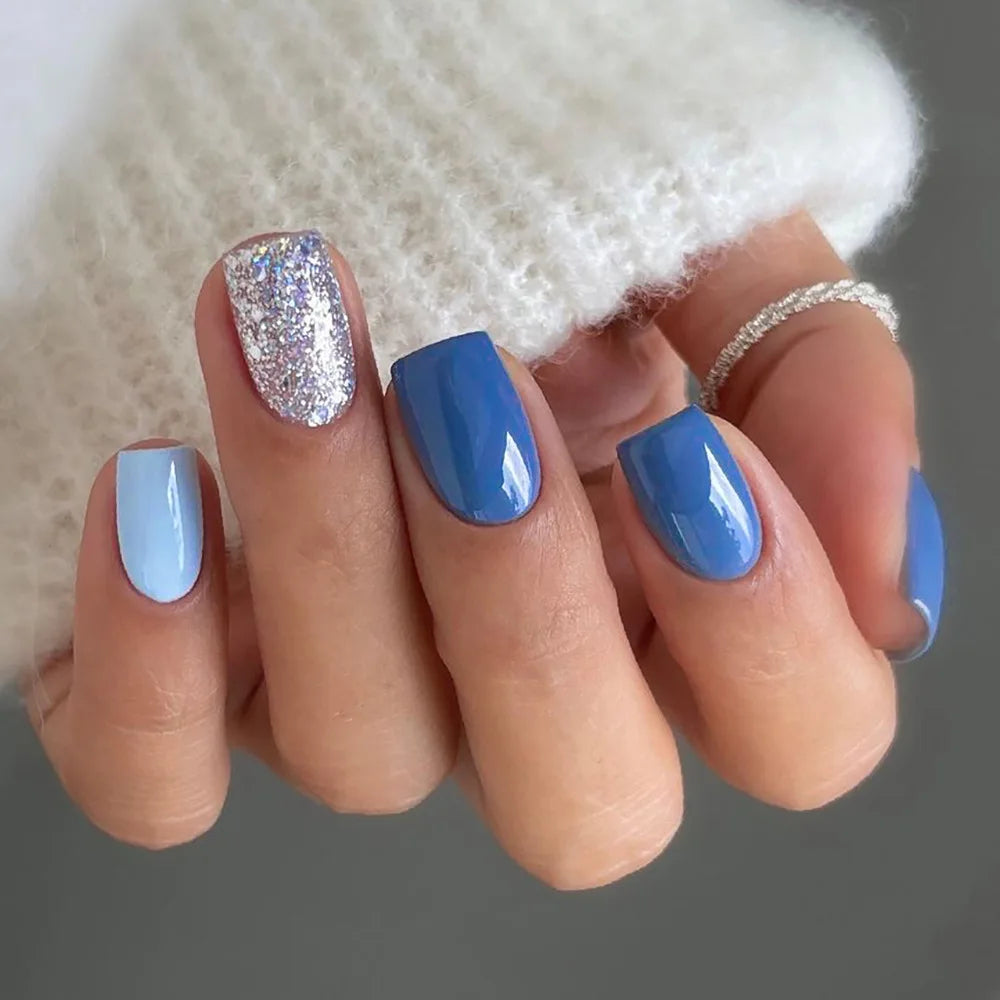 24Pcs Short Square Nude Fake Nails Art White Edge Glossy Artificial French False Nails Removable Full Cover Press on Nail Tips