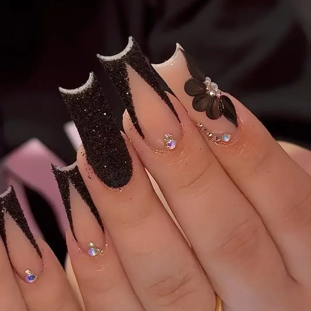 24Pcs Gradient Long Coffin False Nails with Green Rhinestones Design Black Square French Full Cover Press on Nail Tips for Girls