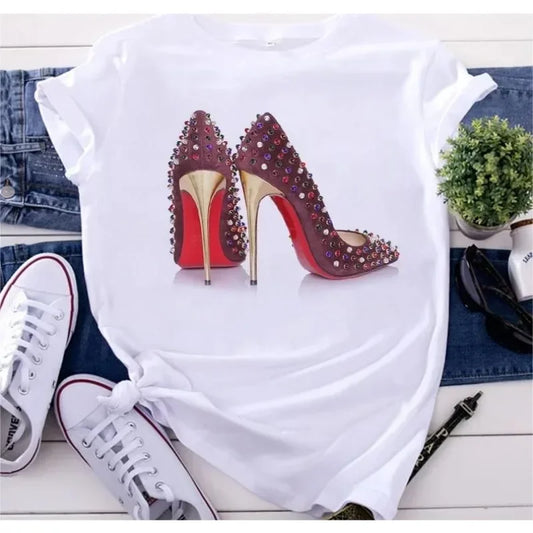 White T Shirt Women Top Casual Tshirt Fashion High Heel Shoes Print Femme Clothing Tshirt Harajuku Short Sleeve Female Tee Shirt