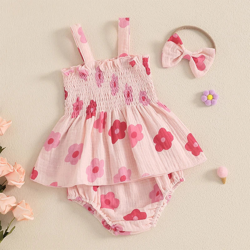 Summer Newborn Baby Girls Clothes Sets Floral Print Sleeveless Ruched Ruffles Tanks Tops+Shorts Bottoms Holiady Beach Outfits