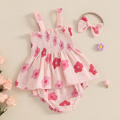 Summer Newborn Baby Girls Clothes Sets Floral Print Sleeveless Ruched Ruffles Tanks Tops+Shorts Bottoms Holiady Beach Outfits