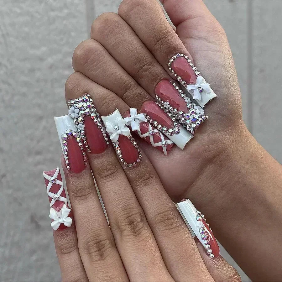 24Pcs Long Ballet False Nails Pink Butterfly with Rhinestones French Design Wearable Fake Nails Glitter Press on Nails Tips Art
