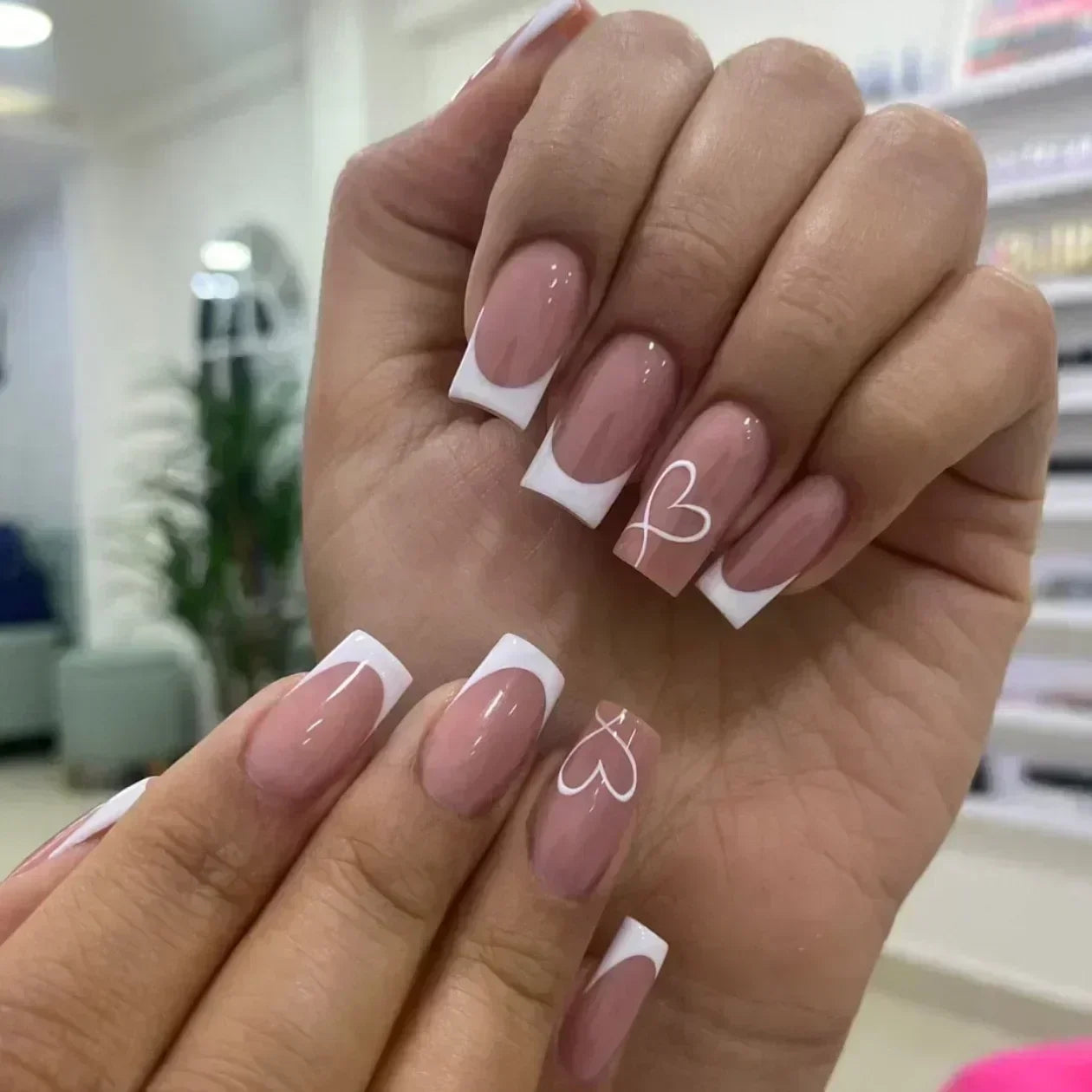 24Pcs Short Square French False Nails with Flower Shiny White Edge Design Pink Glitter Fake Nails Full Cover Press on Nails Tips