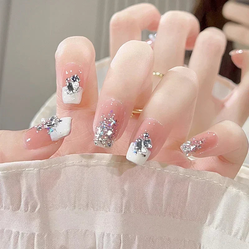 24pcs Detachable Short Press on Nails Y2k rhinestone False Nails with Glue Ballet Sweet Cool Girls Artificial False Nails Tips