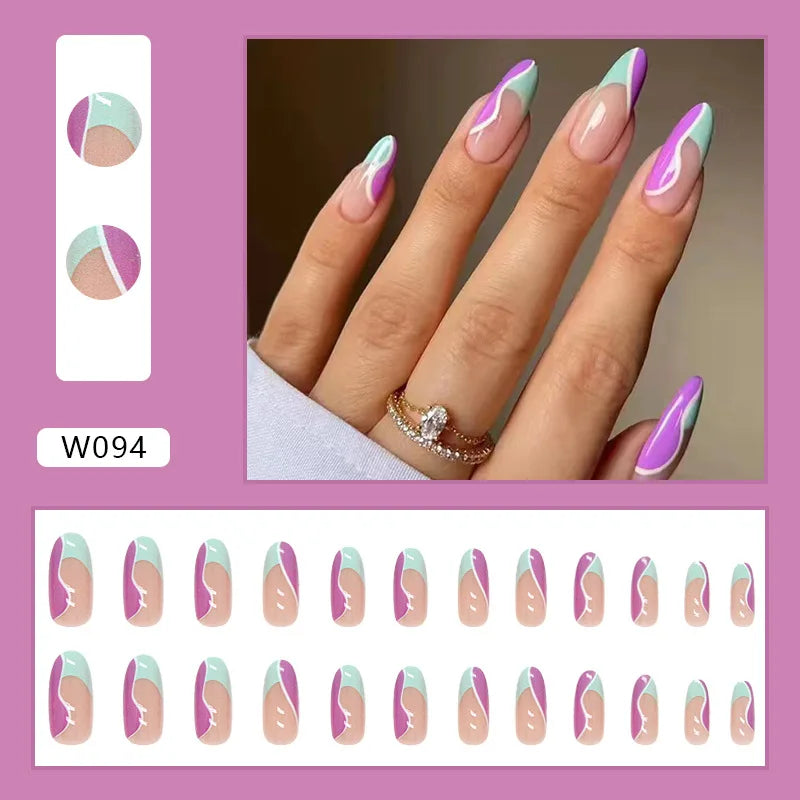 24pcs/Box Ballerina Nail Tip Purple with Design Manicure Patches Fresh Floral Almond False Nails Press on Med Nails Detachable
