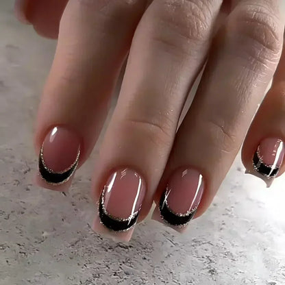 24Pcs Medium Short Square False Nails Glittering Nail Art White Wearable Fake Nail Silver French Full Cover Press on Nail Tips