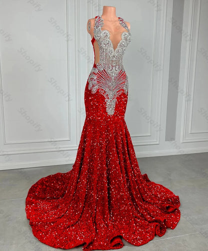 Sparkly Red Sequin Mermaid Luxury Silver Crystal Beaded Sheer Neck Long Prom Gowns