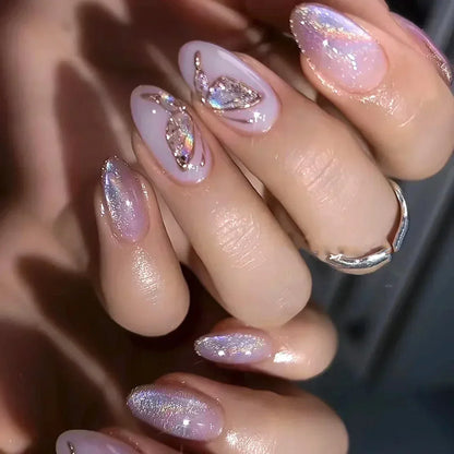 24Pcs Pink Almond French Press on Nails With 3D Bow ripple charms Design Fake Nails Ballerina False Nails Full Cover Nail Tips