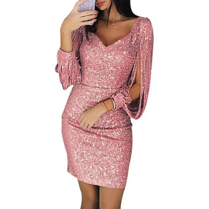 Women Dress Solid Color Long Tassel Sleeves V Neck lady Mini Dress Summer Sequins Glitter Party Slim Fit Dress Female Clothing