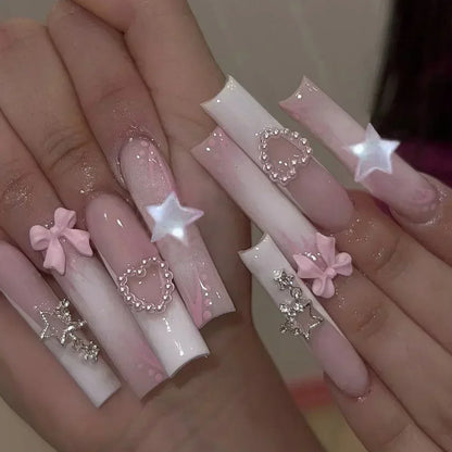 24Pcs Artifical False Nails with Glue Fake Nail Tips with Heart Designs Detachable Press on Nails XLong Finished False Nails tip