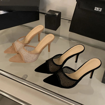 Aneikeh Pointed Toe Mesh Rhinestone Slippers Elegant Woman Heels Outdoor Summer Mules Stiletto Heels Sandal Chanclas Mujer