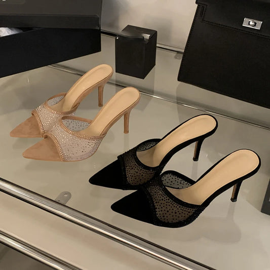 Aneikeh Pointed Toe Mesh Rhinestone Slippers Elegant Woman Heels Outdoor Summer Mules Stiletto Heels Sandal Chanclas Mujer