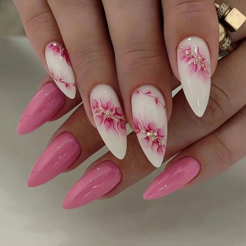 24pcs/set short square Glossy Medium Ballerina Fake Nails jellyfish blue sea wave flowers geometric design press on false nail