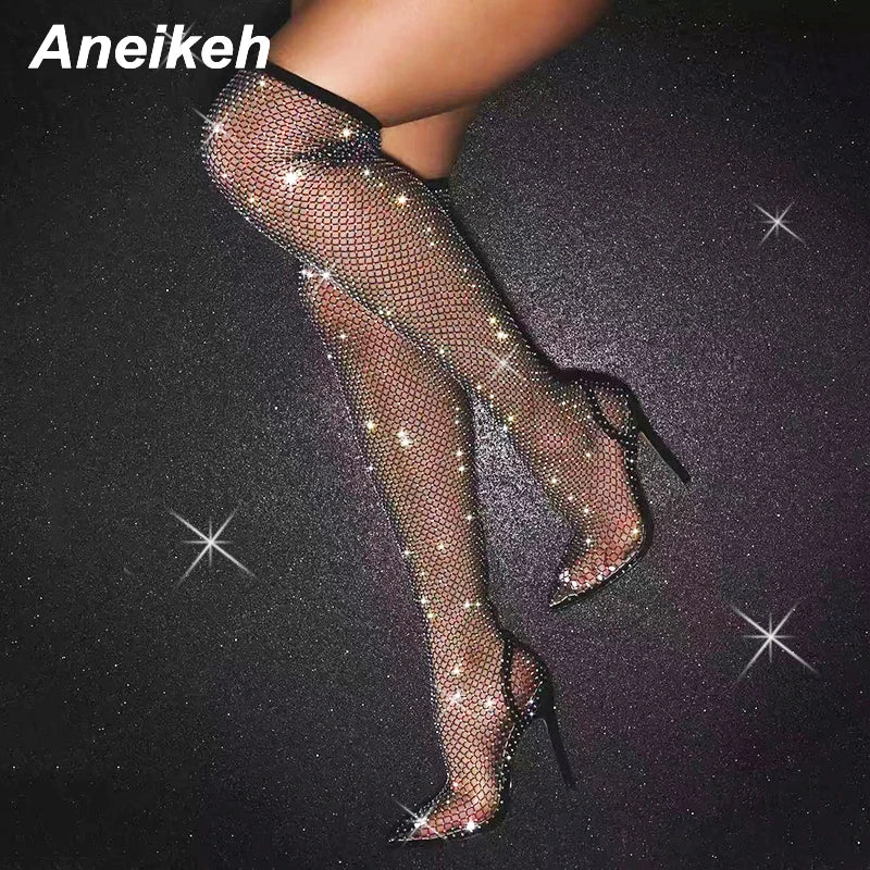 Aneikeh Sexy Bling Rhinestone Mesh Shoes Over The Knee Boots Women Pointed Toe Sandals Nightclub High Heels Botas Femininas