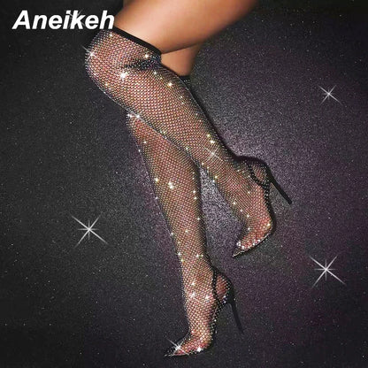 Aneikeh Sexy Bling Rhinestone Mesh Shoes Over The Knee Boots Women Pointed Toe Sandals Nightclub High Heels Botas Femininas