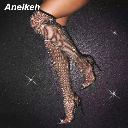 Aneikeh Sexy Bling Rhinestone Mesh Shoes Over The Knee Boots Women Pointed Toe Sandals Nightclub High Heels Botas Femininas