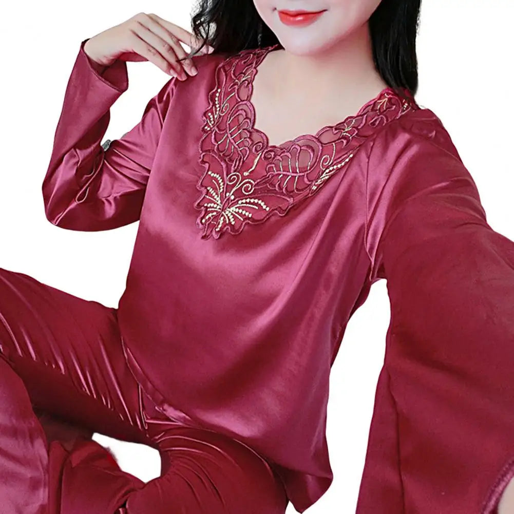 2 Pcs/Set Women Pajamas Set Silky Long Sleeves Spring Nightie Set V Neck Loose Sleeping Lace Women Nightie Set For Bedroom