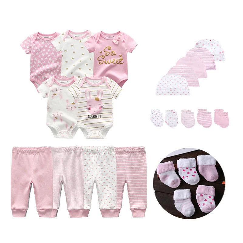 24Pieces Newborn Baby Rompers+Pants+Mittens+Hats+Socks Set 100%cotton Print Unisex Baby Girl Boy Clothes Sets