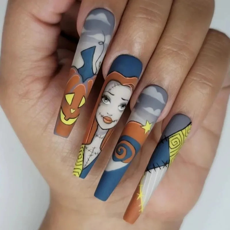 24Ps Super Long Ballet Wearable Fake Nails Blue Diamond Small Flower Press on Nail Stickers Finished Removable False Nail Pieces
