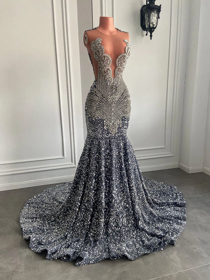 Sexy Long Sparkly Sheer O-neck Luxury Silver Crystals Diamond Sequin Mermaid