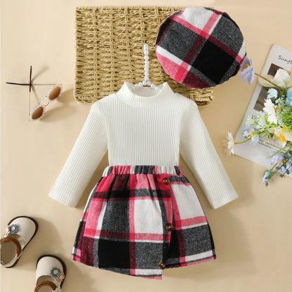 Infant Spring Autumn Long Sleeve Top andDress Set 6-18months Baby Girl Solid ColorTop Houndstooth Half Skirt Beret