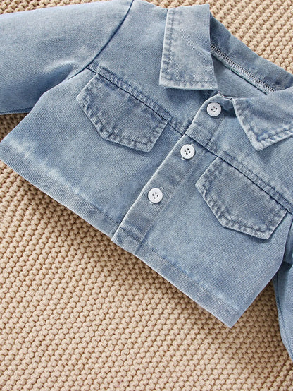 3pieces Four Seasons Leisure Travel Vacation Comfortable Denim Long Sleeve + Floral Dress Set With Halter Sweet Fashion