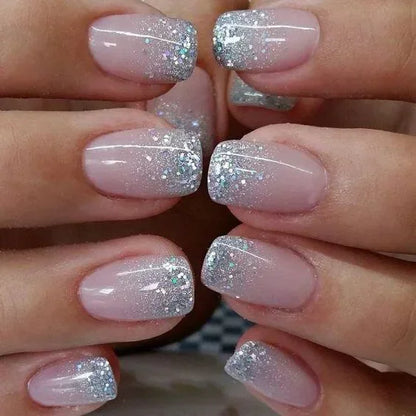 24Pcs Medium Short Square False Nails Glittering Nail Art White Wearable Fake Nail Silver French Full Cover Press on Nail Tips
