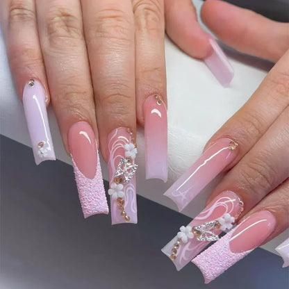 24Pcs False Nails Long Coffin Ballet French with Rhinestones Wearable Fake Nails Blue Flower Full Cover Press on Nails Tips Art