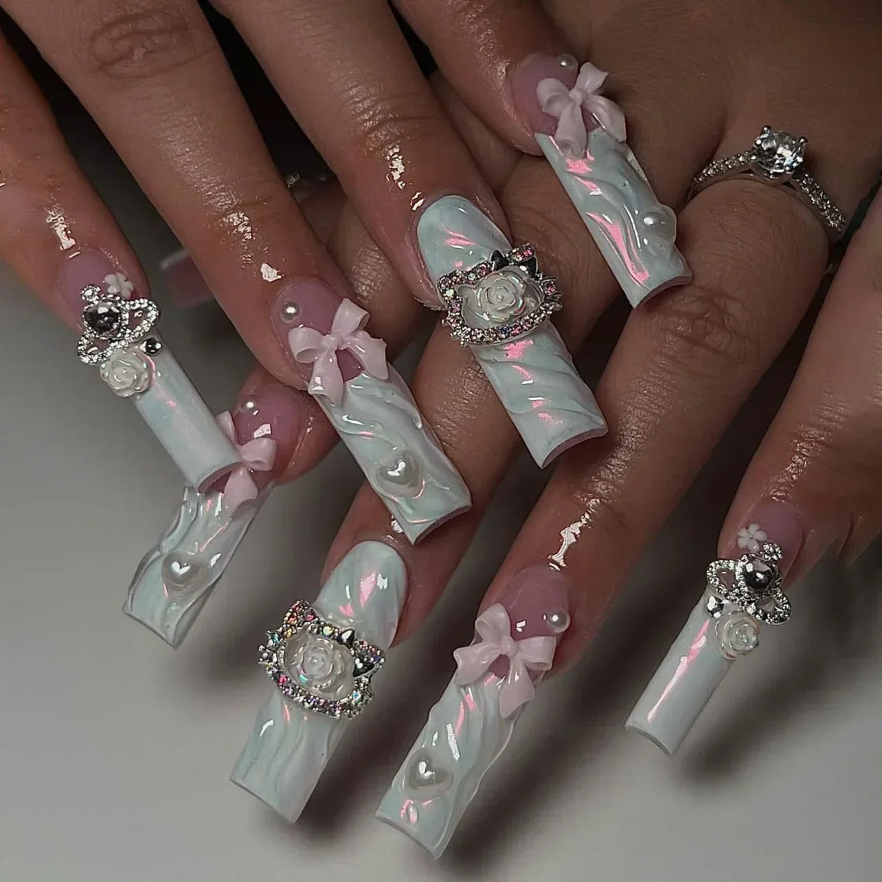 24Pcs Long Ballet False Nails Pink Butterfly with Rhinestones French Design Wearable Fake Nails Glitter Press on Nails Tips Art