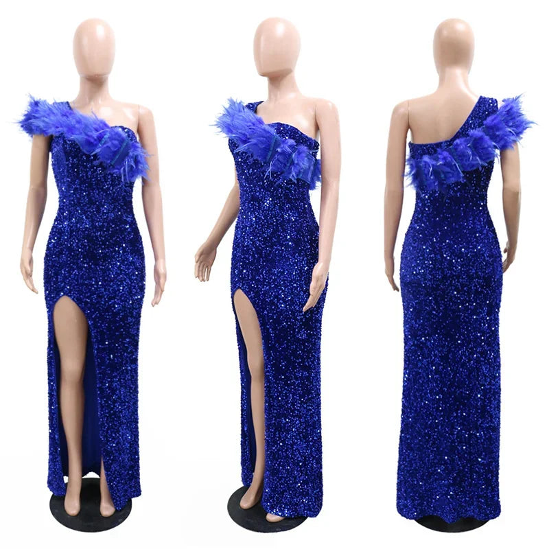 Autumn One Shoulder Elegant Glam Long Feather High Split Sequins Sparkly Sexy Gowns
