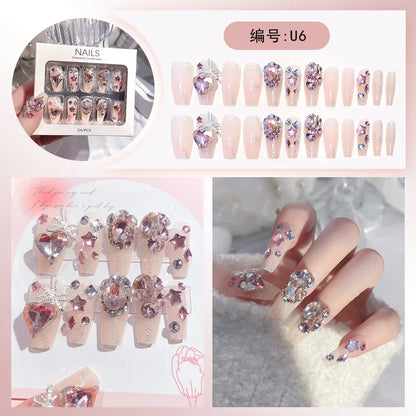24pcs Luxury Mid-Long Ballet False Nails Set Glittering Rhinestone+Handmade Flowers Press-on Fake Nail Glossy Patch For Bridal
