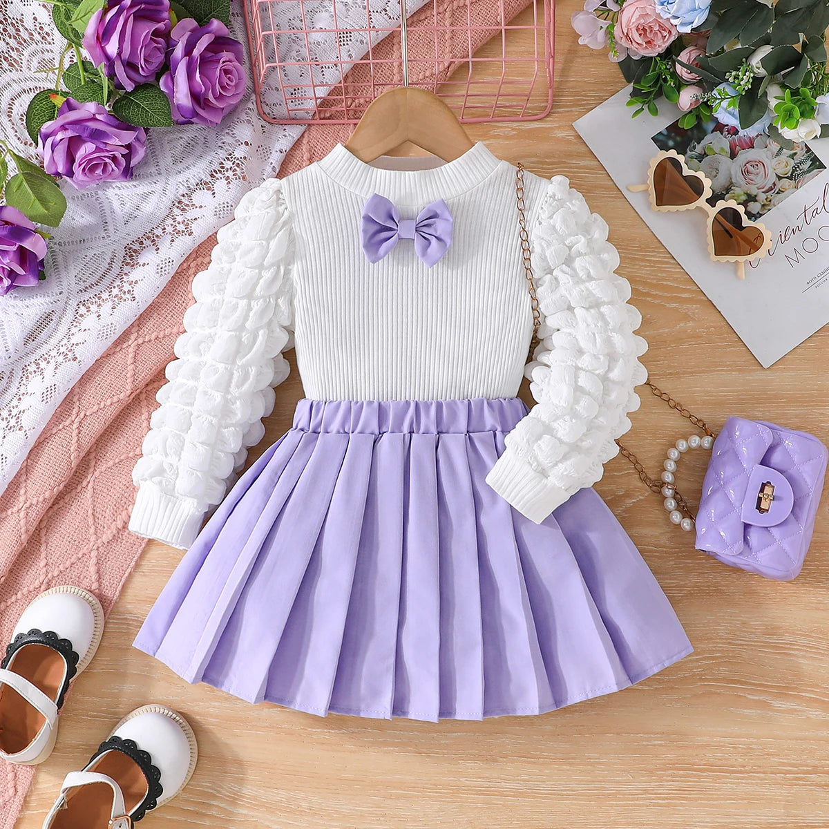 3 Colors Fashion Kids Girls Fall Clothes Sets 3-8Y Long Puff Sleeve Bow Front Tops + Pleated Skirt 2PCS