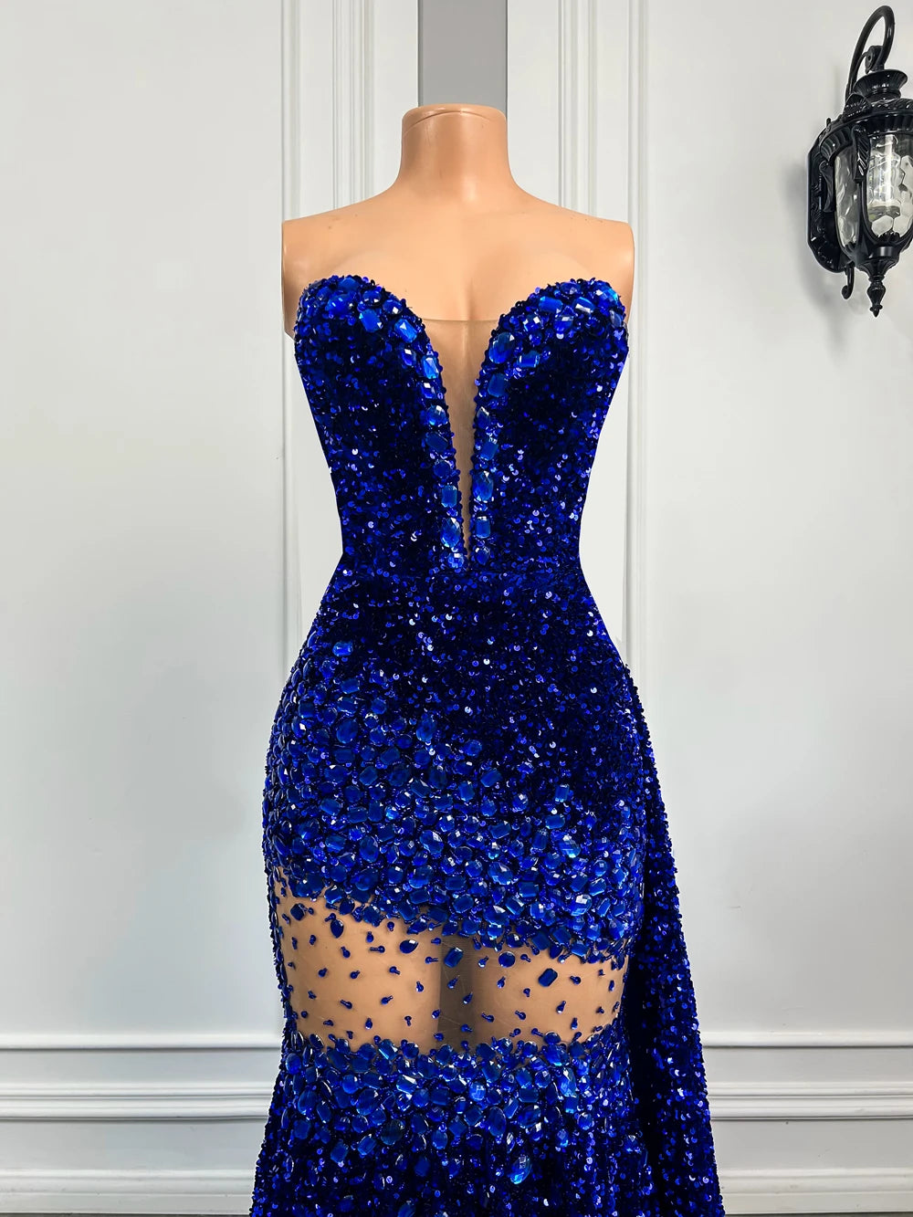 Real Sample Sexy Mermaid Handmade Crystals Royal Blue Sequin Prom Party Gowns