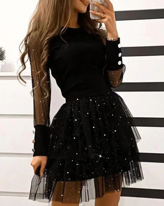 Womens Dresses Spring Fashion Glitter Print Long Sleeve