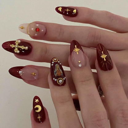 Ramadan Style False Nails with Gold Moon Star Design Almond Red French