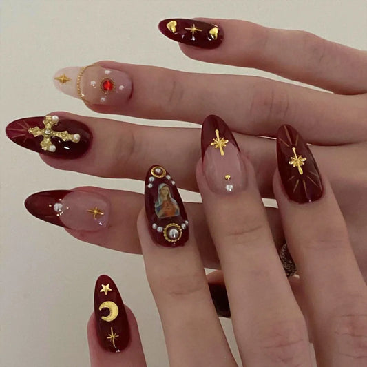Ramadan Style False Nails with Gold Moon Star Design Almond Red French