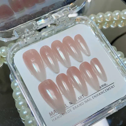 10Pcs Handmade Almond Press on Nails Medium Moonlight Pink Nail